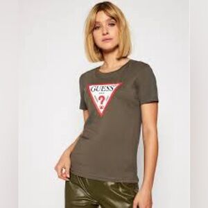 GUESS Jeans USA Triangle Logo Tee - Olive Green V-Neck Size Medium